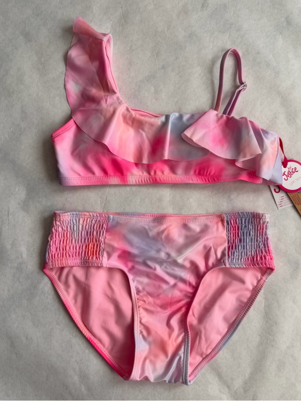 Justice Girls 2-Piece Ruffle Shoulder Tie-Dye XL 16/18 UPF 50 Bikini Swimsuit G